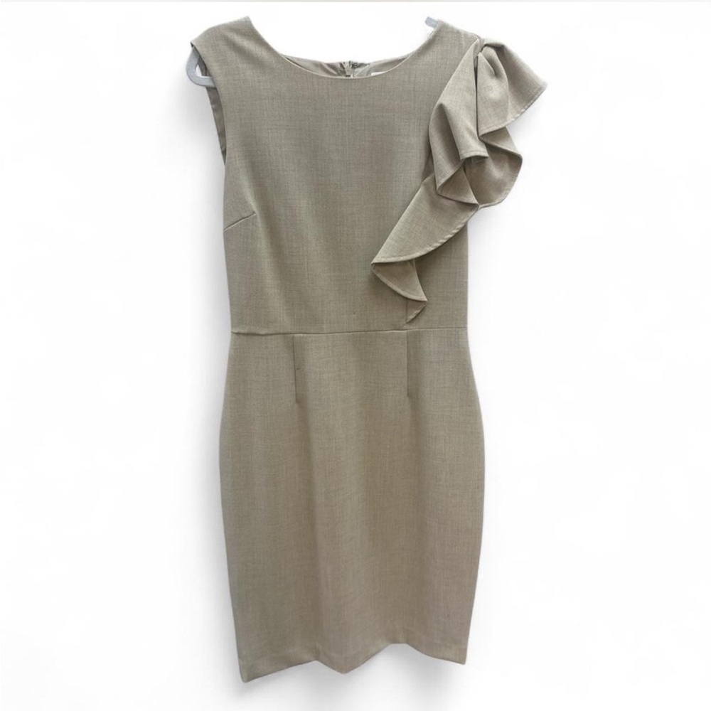 Calvin Klein Asymmetrical Ruffle Shoulder Tan Beige Dress Size 2